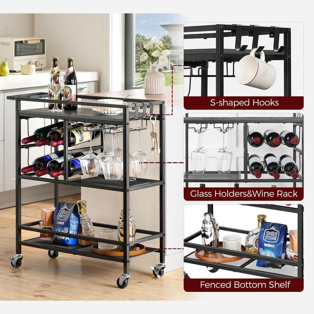 Collage showing features of the serving cart including hooks, wine rack, and bottom shelf.