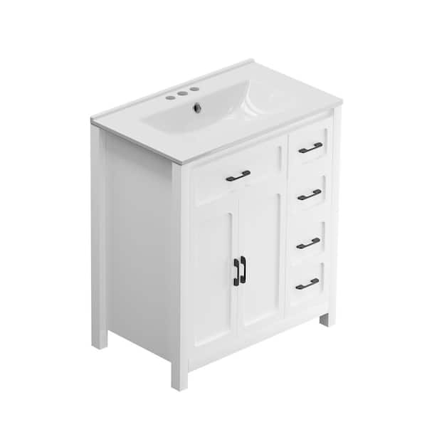 30 in. Freestanding White Bath Vanity with White Ceramic Top Unassembled 4 in. Pre-Drilled Faucet Holes