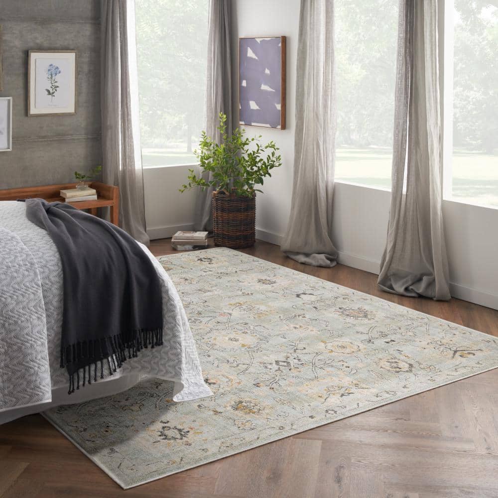 Mint Green Rectangular Synthetic Floral Area Rug 7' x 10'
