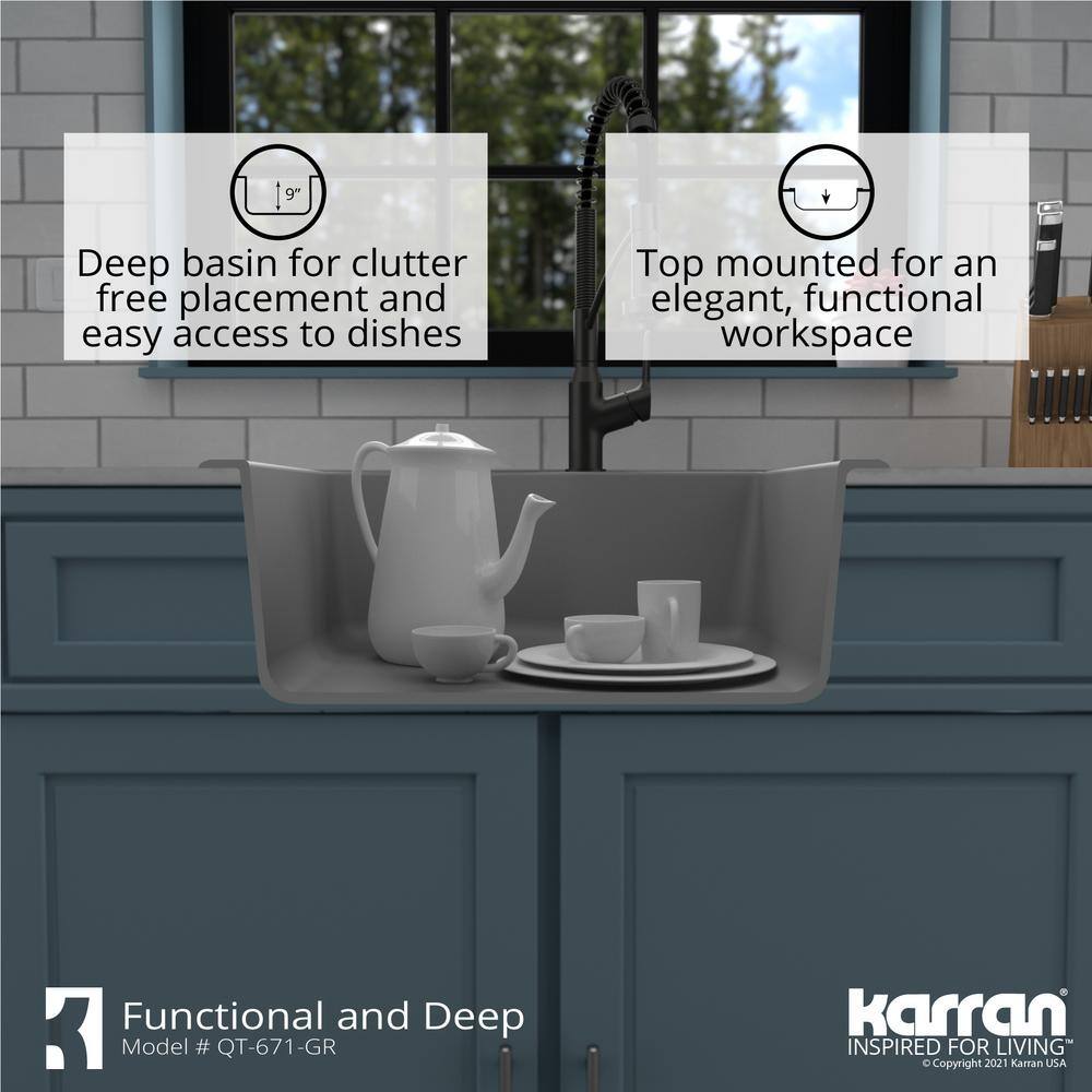Gray Quartz Composite Single Bowl Drop-In Kitchen Sink