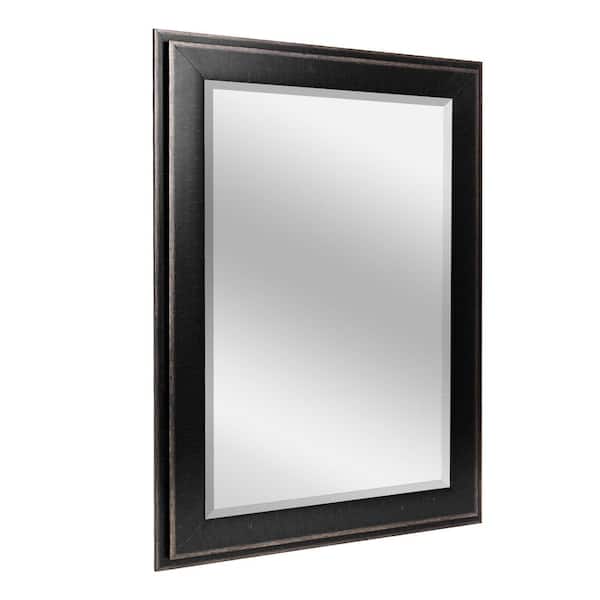 Deco Mirror 35.5 in. H x 29.5 in. W Rustic 2-Step Rectangle Distressed Black Framed Beveled Glass Bathroom Vanity Wall Mirror