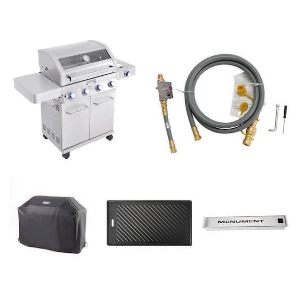 4-Burner Stainless Grill with LED Controls, Cover (54 in.), Conversion Kit, Smoke Box and Cast Iron Plate