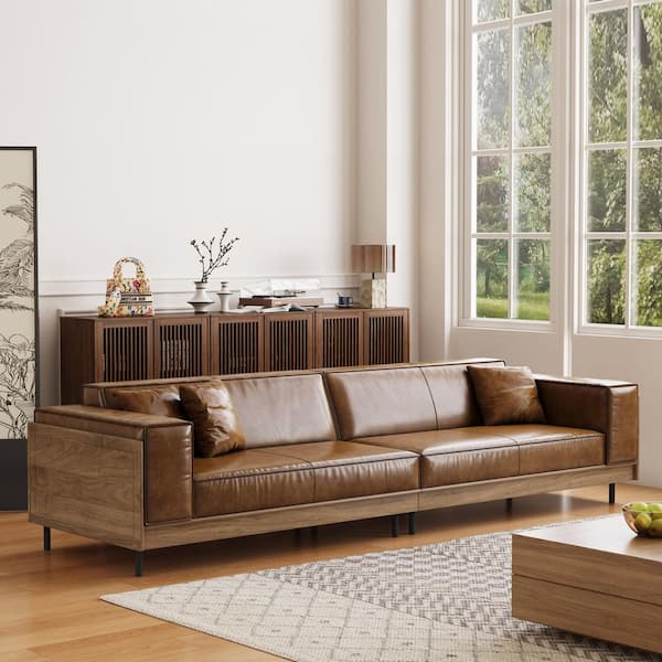 111.81 in. Wide Square Arm Leather Square Sofa 36.61 in. Depth Brown, Removable Cover