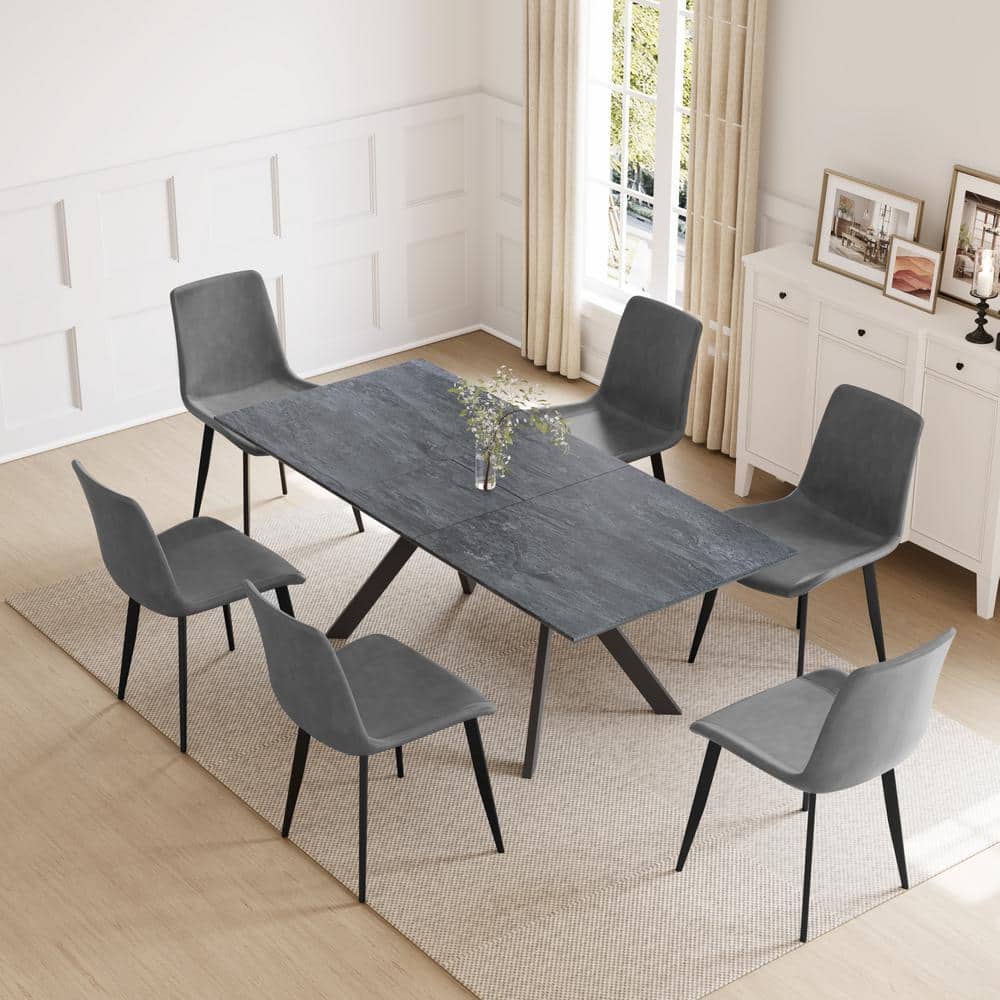 7-Piece White Slate Stone Dining Table Set with Rectangular Table and 6 ...