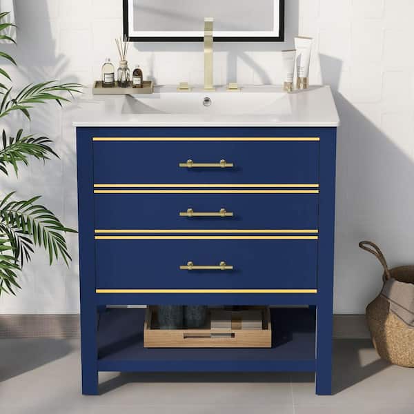 EPOWP 30 in. W x 18 in. D x 34 in. H Single Sink Freestanding Bath Vanity in Blue with White Ceramic Top and 2-Drawers
