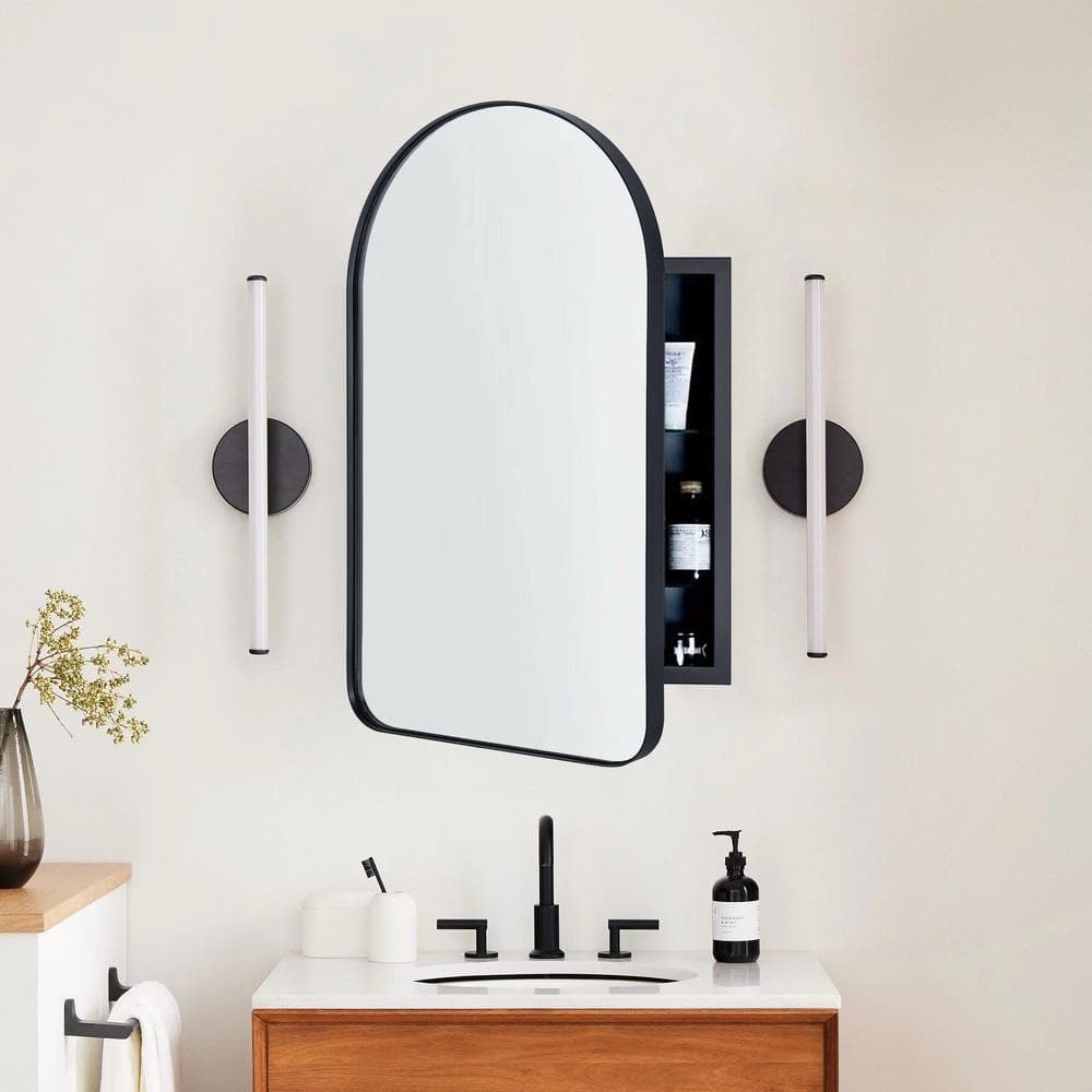 Arched Black Metal Framed Recessed Medicine Cabinet with Mirror