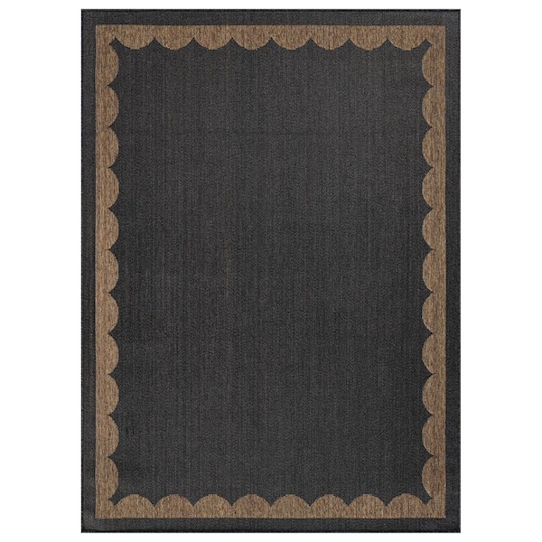Scallop Border Dark Gray/Natural Easy-Care Jute-Style Indoor/Outdoor Flat Woven Area Rug 5 ft. x 7 ft. Dark Gray