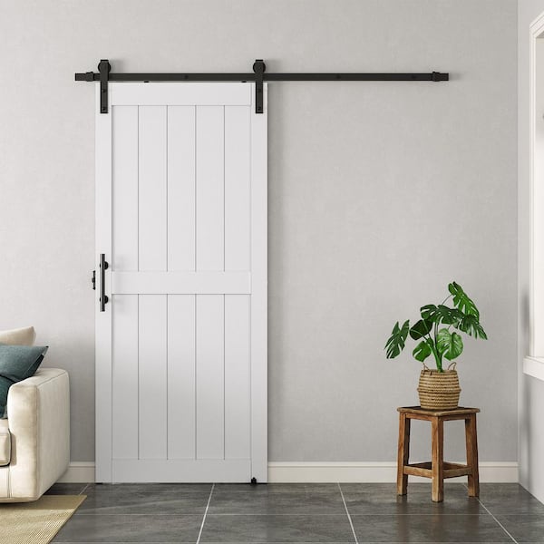 32 in. x 84 in. 2-Panel Plank White MDF Interior Sliding Barn Door with Hardware Kit