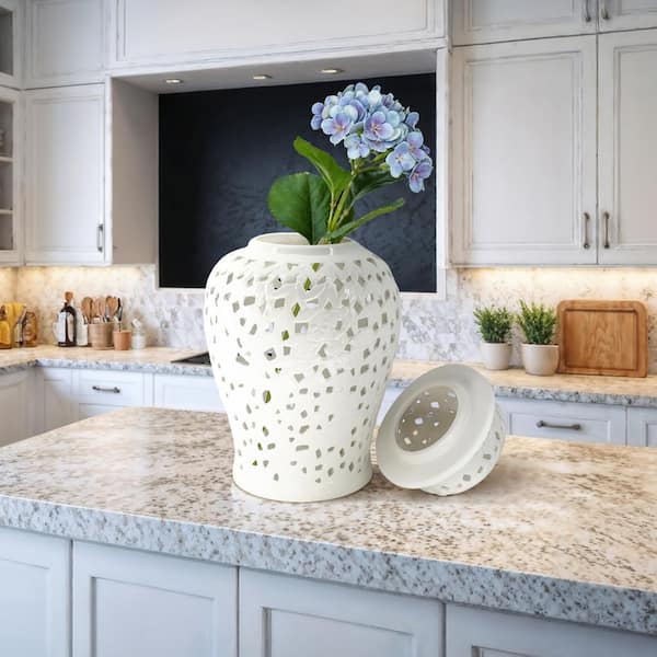 24 in. White Ceramic Pierced Cut-Out Decorative Jar