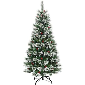 6 ft. Unlit Flocked Artificial Christmas Tree with Red Berries