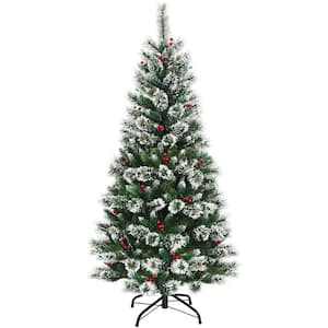 ANGELES HOME 6 ft. Unlit Flocked Artificial Christmas Tree with Red ...