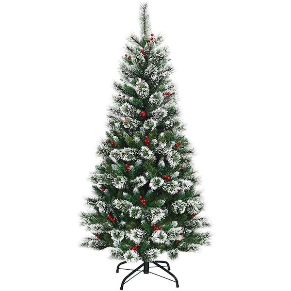 ANGELES HOME 6 ft. Unlit Flocked Artificial Christmas Tree with Red ...