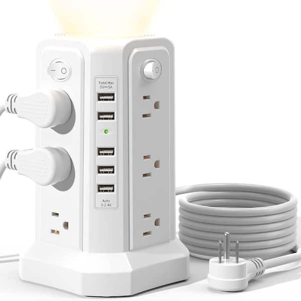 Power Strip Tower 10 ft. Cord, 12-Outlets Cord Surge Protector with 5 USB Ports and Night Light in White