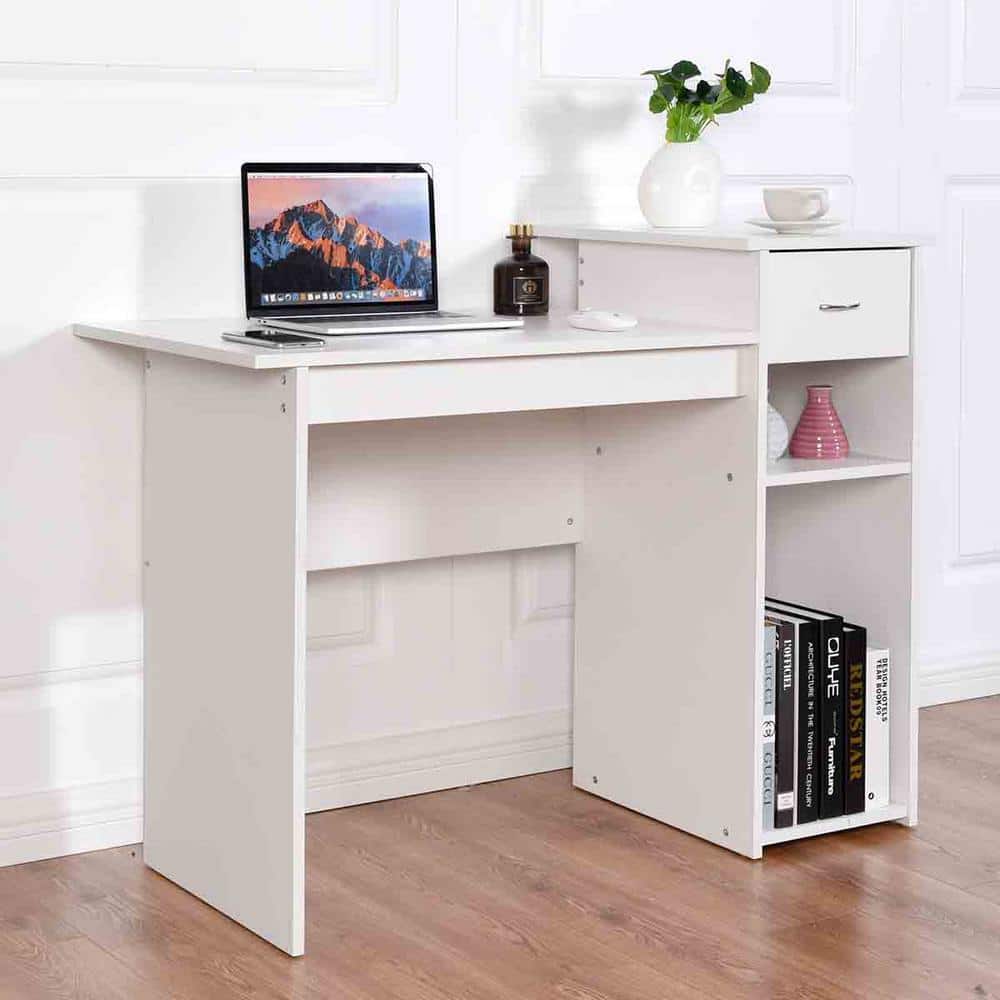 Elegant White Wooden Computer Desk with Drawer and Shelves