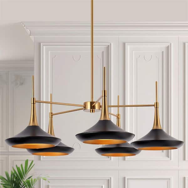 LNC Contemporary Black Mid Century Chandelier with Metal Barn Shades Plating Brass/Gold Accent 5-Light Modern Large Pendant