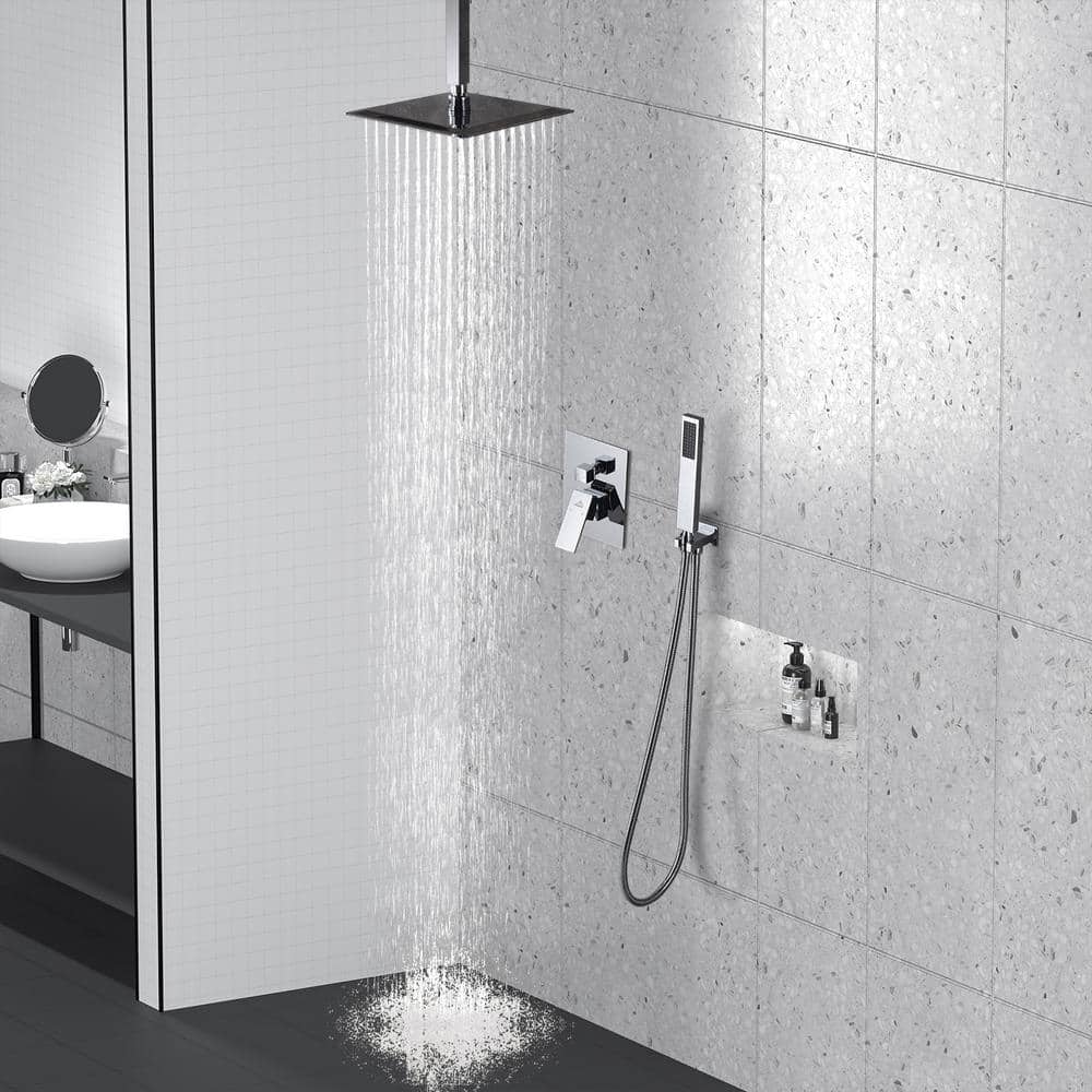 Large Chrome Dual Square Ceiling Mounted Rain Shower System