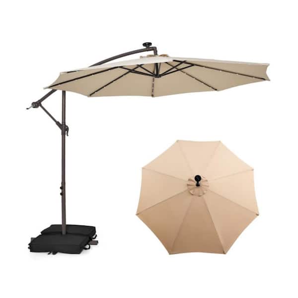 Kadehome 10 ft. Metal Cantilever Patio Umbrella in Beige with 32 LED Lights and Solar Panel Batteries
