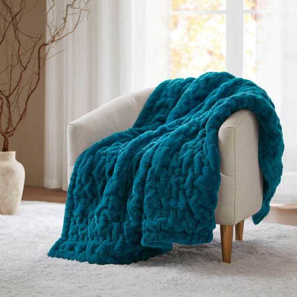Ruched Fur Teal Polyester Throw Blanket