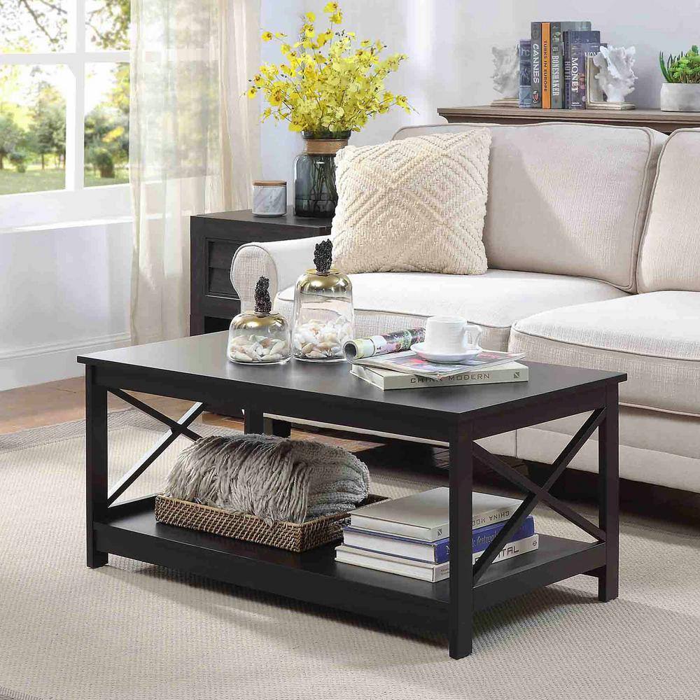 Oxford Classic Black Rectangular Wood Coffee Table with Lower Shelf