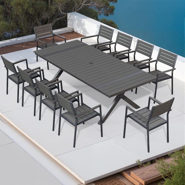 Black 11-Piece 94 in. Aluminum Wood-Like Rectangular Patio Outdoor Dining Set with Stackable Arm-Chairs, Umbrella Hole