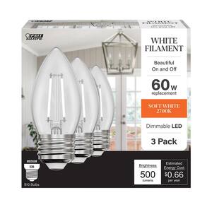 60-Watt Equivalent B10 E26 Base Dim White Filament Clear Glass Chandelier LED Light Bulb Soft White 2700K (3-Pack)
