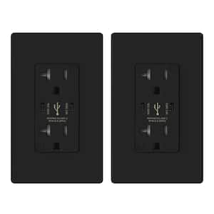20 Amp 30-Watt Dual Type C USB Wall Charger with Duplex Tamper Resistant Outlet, Wall Plate Included, Black (2-Pack)