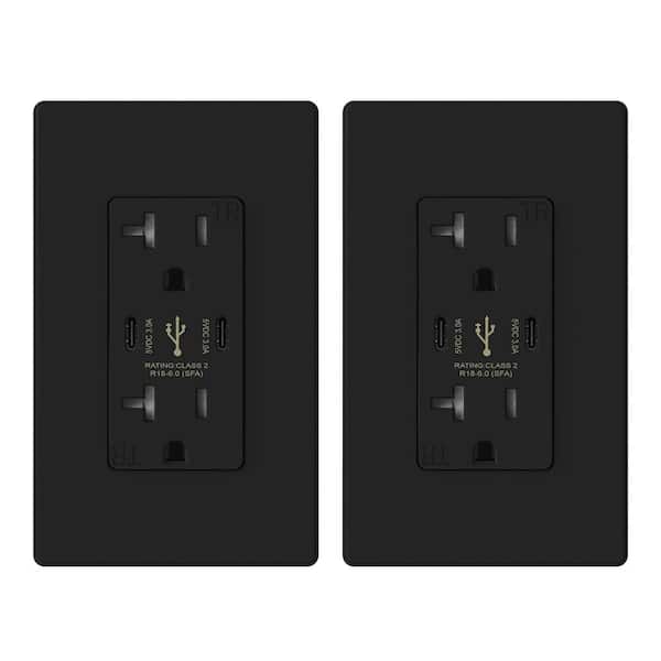 ELEGRP 20 Amp 30-Watt Dual Type C USB Wall Charger with Duplex Tamper Resistant Outlet, Wall Plate Included, Black (2-Pack)
