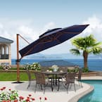 12 ft. Octagon High-Quality Wood Pattern Aluminum Cantilever Polyester Patio Umbrella with Base Plate, Navy Blue
