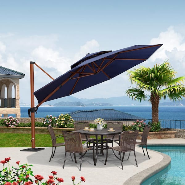 PURPLE LEAF 12 ft. Octagon High-Quality Wood Pattern Aluminum Cantilever Polyester Patio Umbrella with Base Plate, Navy Blue
