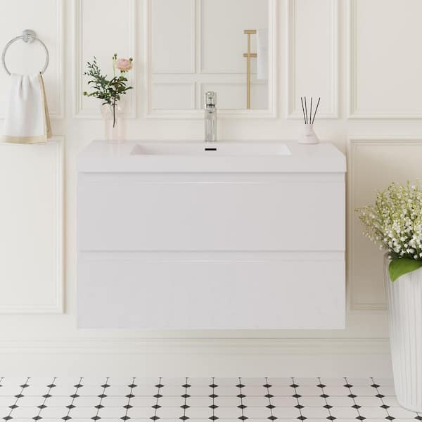 Abruzzo 36 in. W x 19-3/4 in. D x 22-1/5 in. H Bathroom Wall Hung Vanity in White with Single Basin Vanity Top in White Resin