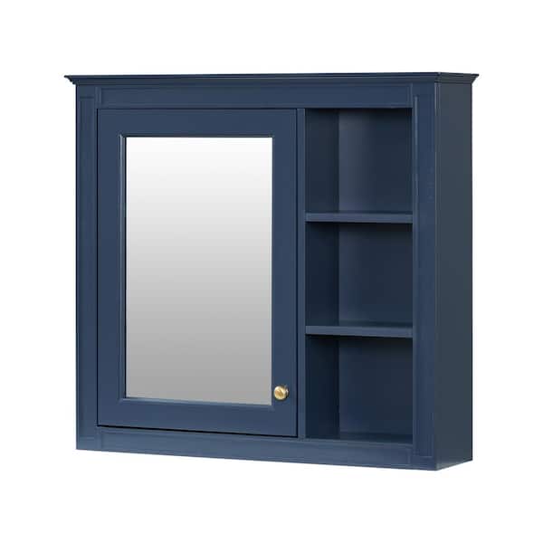 XUJMK 30 in. W x 28 in. H Rectangular MDF Medicine Cabinet with Mirror in Blue, Wall Mounted Bathroom Storage Cabinet