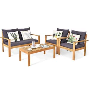 4-Piece Wood Outdoor Patio Conversation Seating Set with Gray Cushions