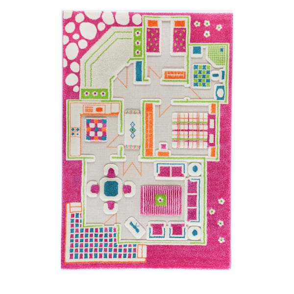 Unbranded Playhouse Pink 3D 3 ft. x 5 ft. 3D Soft and Cozy Non-Toxic Polypropylene Play Area Rug for Kids Bedroom or Playroom