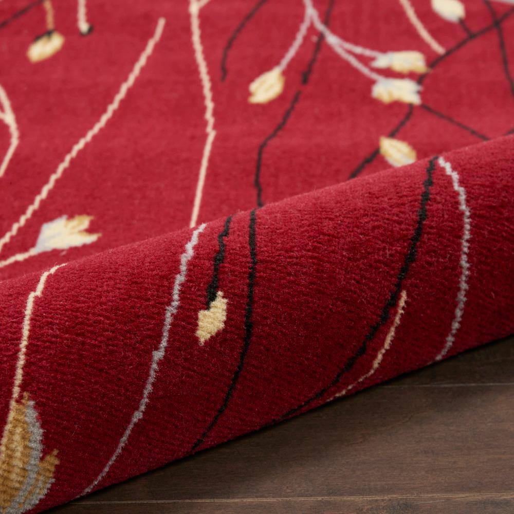 Red Round Floral Synthetic Easy Care Rug, 5'3"