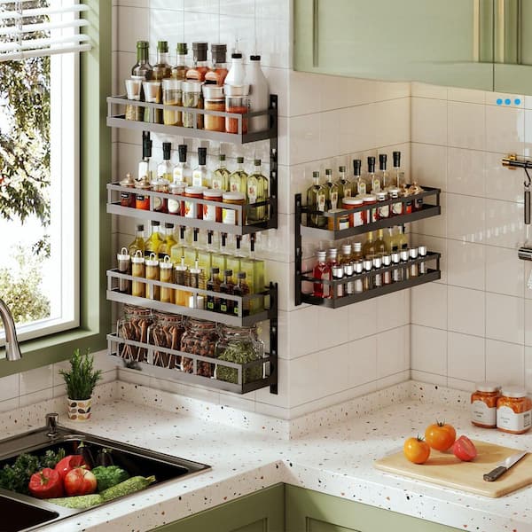 6-Tier Black Metal Height-Adjustable Hanging Spice Racks, Wall-Mounted Vertical Spice Rack Organizer for Various Jars
