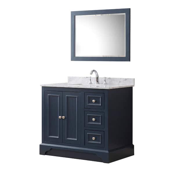 Direct vanity sink Kingswood 36 in. x 23 in. D x 33 in. H Single Bath Vanity in Blue with White Carrara Marble Top and Mirror