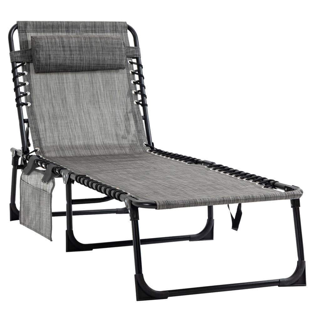 Grey Metal Outdoor Reclining Chaise Lounge with Adjustable Backrest and Rem