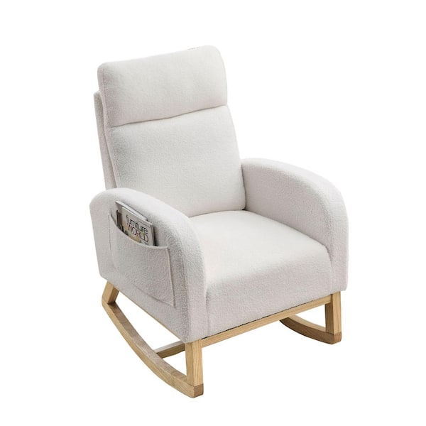Unbranded White Modern Accent High Backrest Wood Outdoor Rocking Chair with 2 Side Pockets