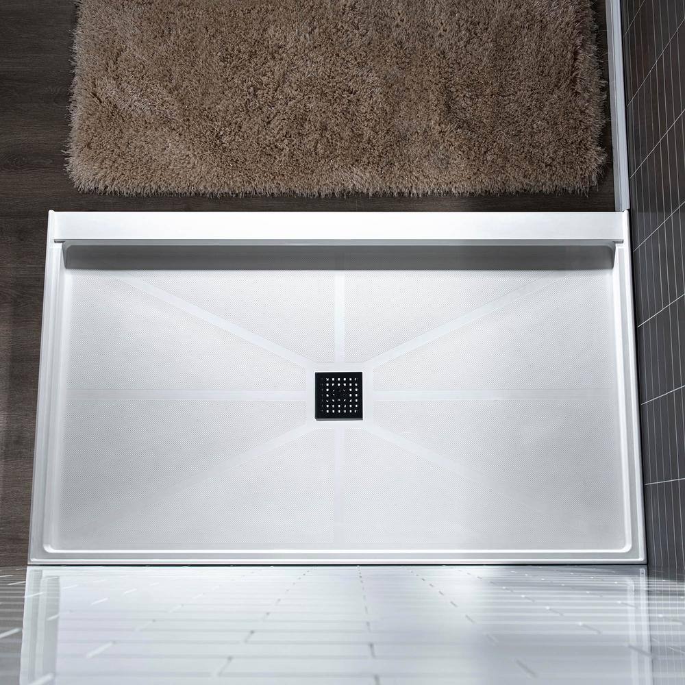 60" White Solid Surface Rectangular Shower Pan with Matte Black Drain Cover