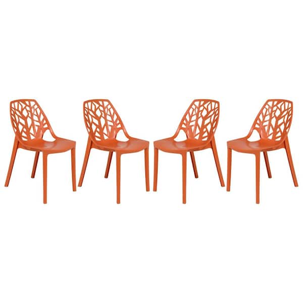 Leisuremod Cornelia Modern Spring Cut-Out Tree Design Stackable Dining Side Chair Solid Orange (Set of 4)
