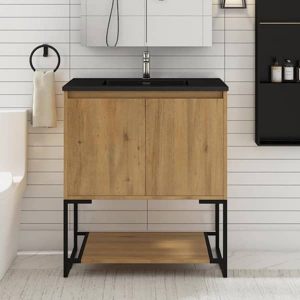 JimsMaison Allen 30 in. W x 19 in. D x 34 in. H Freestanding Bath Vanity in Oak with Black Cultured Mable Top