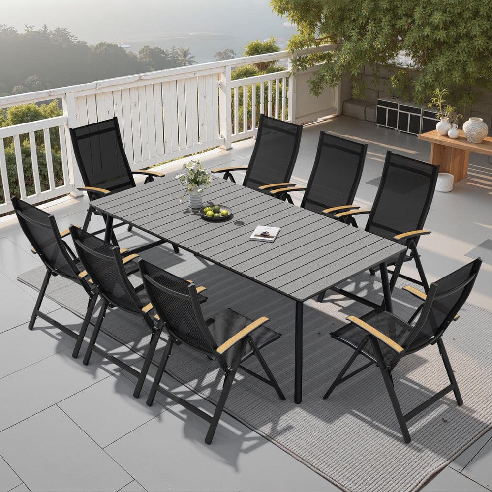 9pcs WPC Outdoor Patio Dining Set Aluminum Gray Table with 1.61 in. Umbrella Hole Adjustable Back Armchair For Yard price history on PriceWatchPro