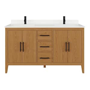 Vienna 60 in. W x 22 in. D Bath Vanity in White Oak Diamond Quartz Top with White Sink Power Bar and Drawer Organizer