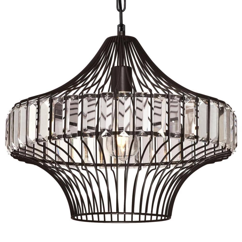 Matte Black Geometric Cage Pendant with Crystal Prisms