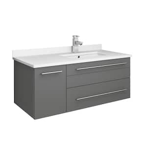 Lucera 36 in. W Wall Hung Bath Vanity in Gray with Quartz Stone Vanity Top in White with White Basin