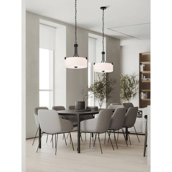 Liam 60-Watt 3-Light Matte Black Shaded Pendant Light with White Opal Glass Shade, No Bulbs Included
