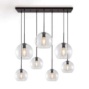 REVERSO 7-Light Metal Black Waterfall Cluster Modern Chandelier with 2-Size Globle Clear Glass Shades for Dining Room