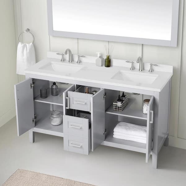  EQLOO 60 Grey Square Double Sink Bathroom Vanity Compact Set 4  Large Folding Doors 5 Drawers Carrara White Marble Stone Top backsplash  Bathroom Cabinet No Mirror (60 inch, Grey