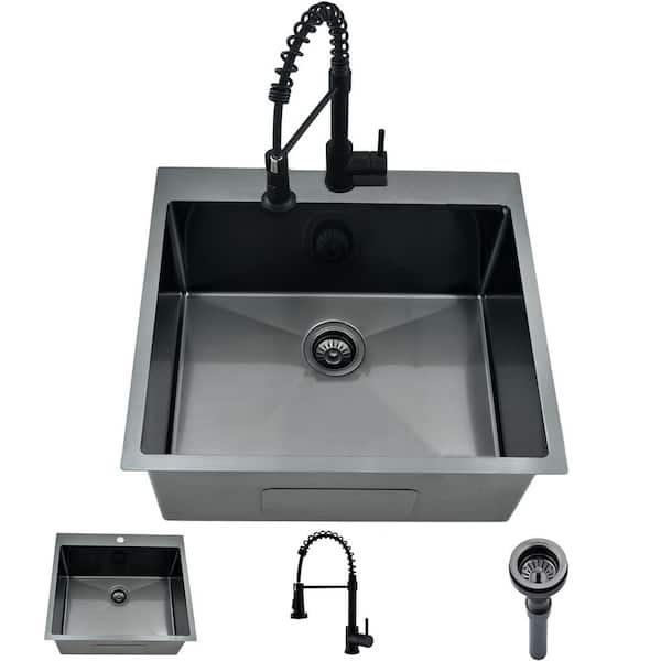 22 in. D x 25 in. W Drop in Utility Sink in Black with Faucet, 16 Gauge Stainless Steel Laundry Sink