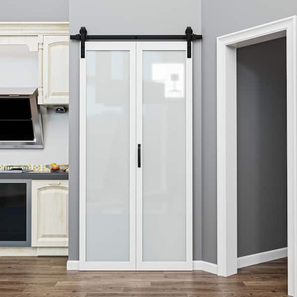 40 in. x 84 in. 1-Lite Frosted Glass White Finished Solid Core MDF Bi-Fold Door Style Barn Door with Hardware Kit